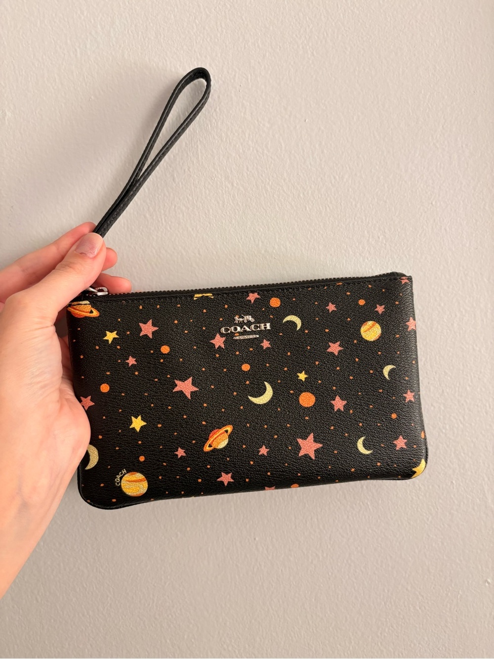 Coach Black Wristlet with Pink and Yellow Celestial Print
